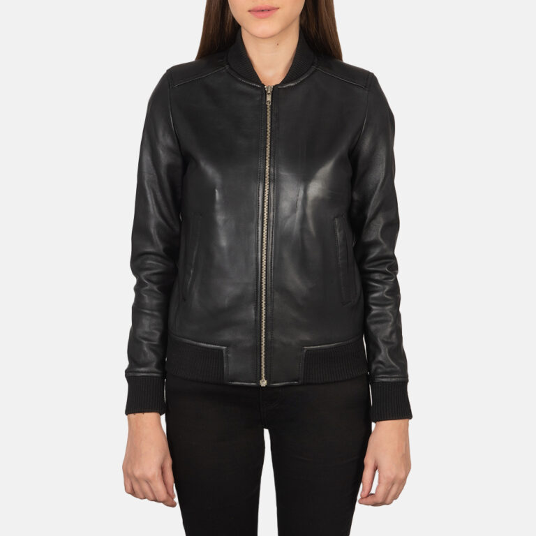 Womens Bliss Black Leather Bomber Jacket Close Front-5-1659378668469